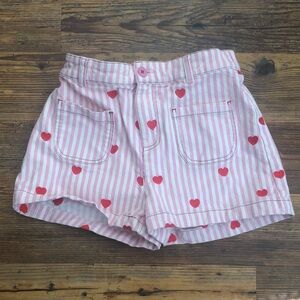 Mini Boden Pink and White Striped Kids Shorts with Red Hearts